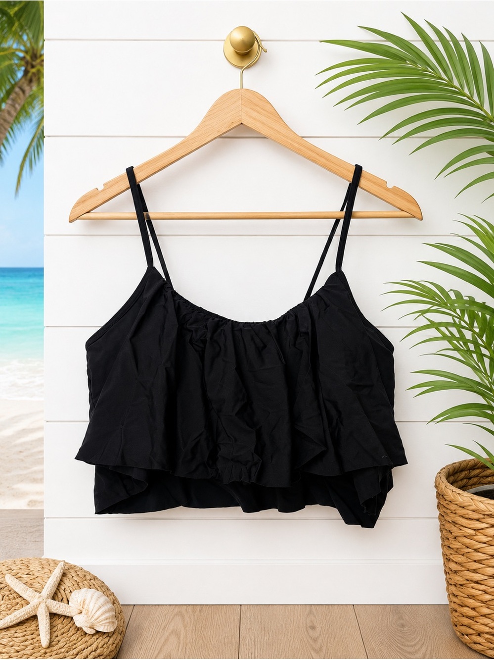 🖤 CUPSHE Black Ruffle Flounce Swim Top | Women’s Large | Bikini Top